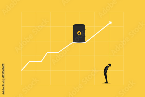 Businessman looking up at an oil barrel on a rising financial growth chart arrow, representing energy prices and inflation