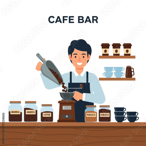 Barista Preparing Coffee Beans at Cafe Counter with Jars and Grinder