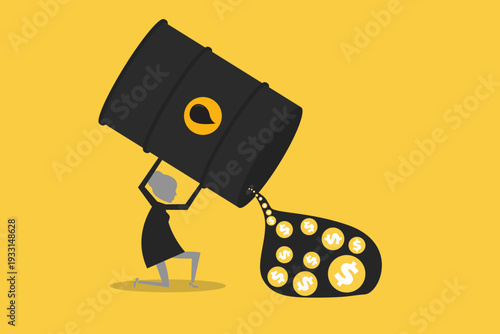 Business woman kneeling while holding a giant oil barrel that pours out golden dollar coins, representing energy profit and wealth