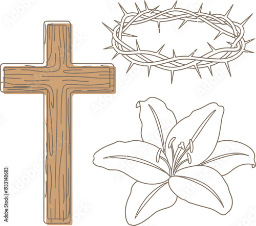 Christian cross, crown of thorns, and lily flower symbolic religious elements