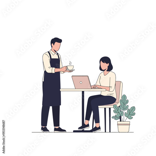 Barista serving coffee to woman working on laptop at cafe table, remote work, freelance lifestyle