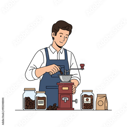 Barista Grinding Coffee Beans Manually with Vintage Grinder, Fresh Coffee Preparation