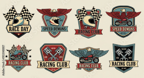 Vintage racing club emblems and badges with checkered flags and motorcycles.