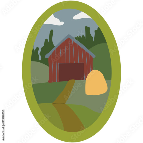 Farm with barn. Illustration of a mountain farm with a haystack and a forest landscape. Blue cloudy sky, wispy clouds, dark forest and an empty barn on top of a meadow.