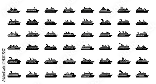 Collection of various cruise ships silhouettes, representing maritime travel and tourism.