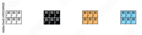 Metal lockers icon set. Safe locker symbol for school, gym, office, and dressing room interior design. Vector Illustration.
