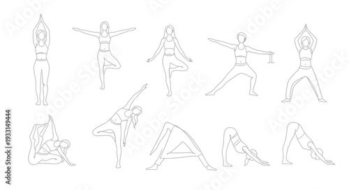 Collection of various yoga poses illustrated in simple line art style