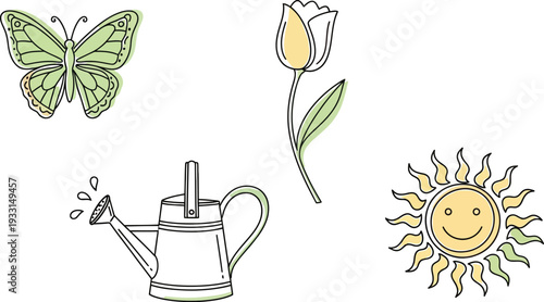 Watering can nurturing tulip flower with butterfly under sun