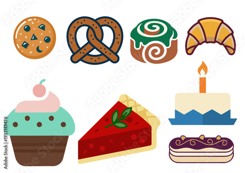 A flat vector graphic set featuring eight different bakery items including a chocolate chip cookie, pretzel, cinnamon roll, croissant, cupcake with a cherry, slice of cherry pie, birthday cake.