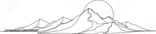 Simple line drawing of mountain range with full moon behind