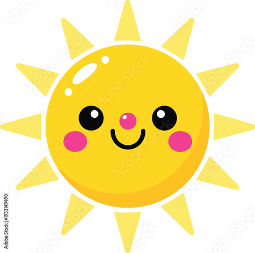 Cute cartoon sun character with a smiling face and pink rosy cheeks isolated on a plain white background for kids