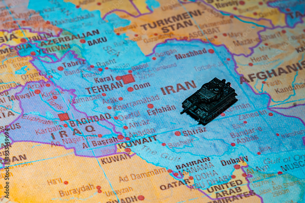 Naklejka premium Military conflict and ongoing war operations on map of Iran.