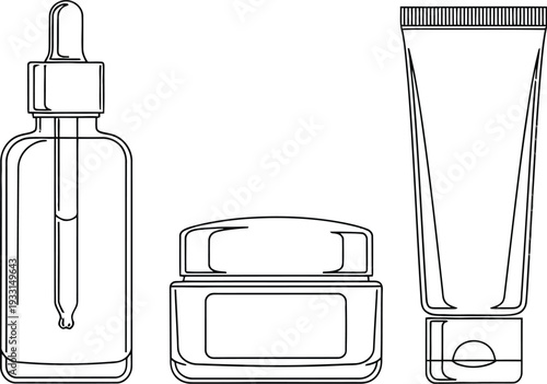Skincare products illustration featuring serum bottle and cosmetic containers together