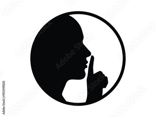 Silhouette of a person with their finger to their lips, symbolizing silence. Vector