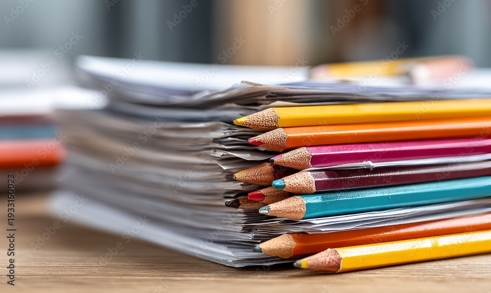 Fototapeta premium Exam Papers on Desk with Colorful Pencils Ready for Professional Test Preparation