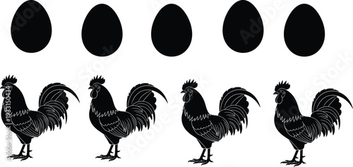 Black silhouette set of chickens and farm animals