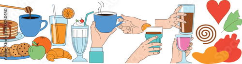 Breakfast and Coffee Vector Set with Pancakes Juice Cookies Hands Holding Drinks and Autumn Elements