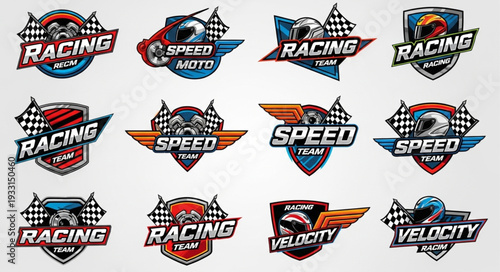 Collection of racing team logos with helmets and checkered flags for speed and velocity.