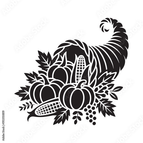 A black and white illustration of a cornucopia filled with autumn harvest