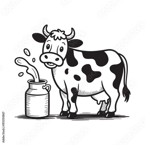 A charming cartoon cow enjoys a refreshing drink from a milk jug