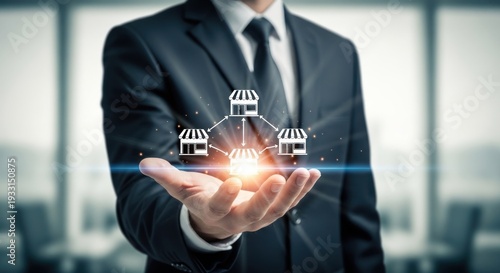 A suited person holds out a hand showing connected storefront icons with a glowing center