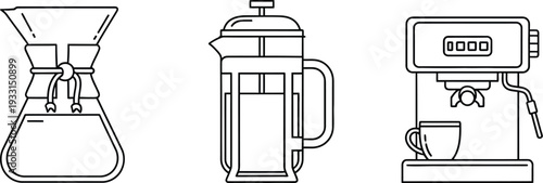 Coffee makers illustrations featuring pour over french press and espresso machine