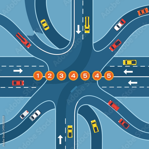 Busy intersection with traffic flow and numbered lanes, urban transportation concept