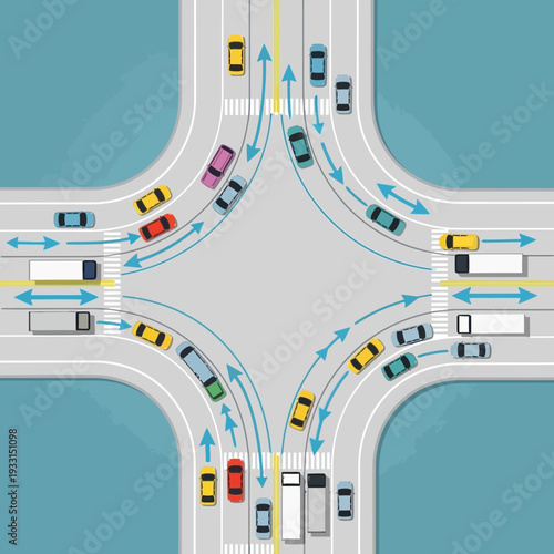 Busy intersection with traffic flow, cars, trucks, and pedestrian crossings