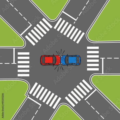 Car accident at intersection: red and blue cars collide at crosswalk, traffic hazard