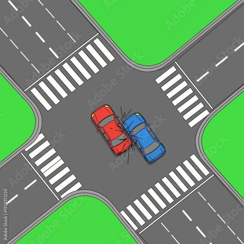 Car accident at intersection: red and blue cars collide at crosswalk