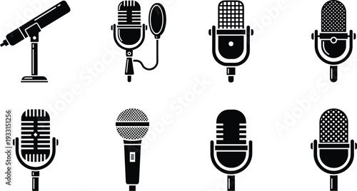Collection of professional microphone icons including vintage studio and podcast styles isolated on white background for radio broadcasting music recording and sound equipment design.