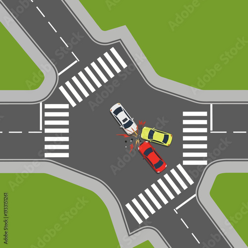 Car accident at intersection with crosswalks, traffic collision, road danger, emergency