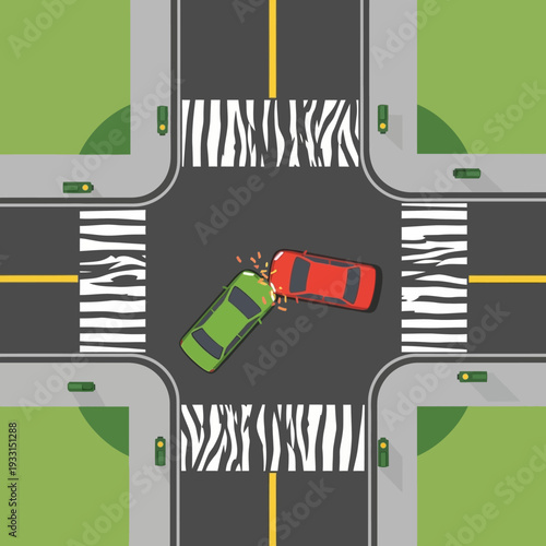 Car accident at intersection with zebra crossing, traffic lights, and green grass.