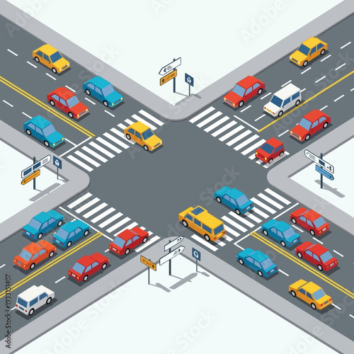 Busy intersection with cars stuck in traffic jam, traffic congestion, urban transport concept