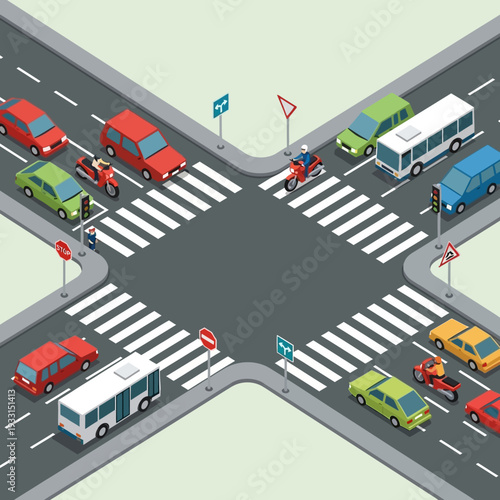 Busy intersection with cars, buses, and motorcycles, traffic jam, city street.