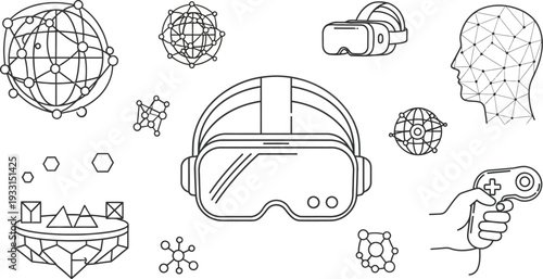 Virtual reality technology illustration with various futuristic elements and devices