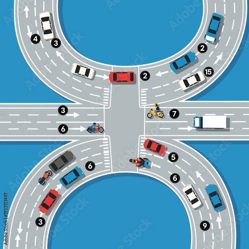 Busy intersection with cars, motorcycles, and truck traffic, traffic flow, road junction