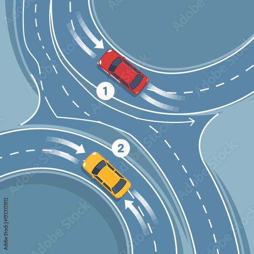 Cars navigating a roundabout, traffic flow, road junction, driving safety, urban transport