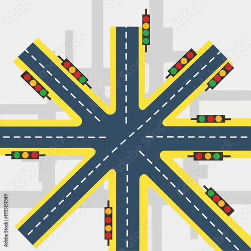 Complex Intersection with Traffic Lights, Road Junction, Urban Planning, Traffic Control