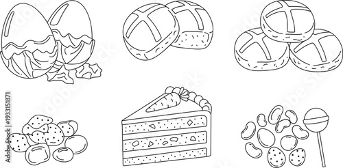 Various traditional easter foods depicted in simple line drawings for coloring