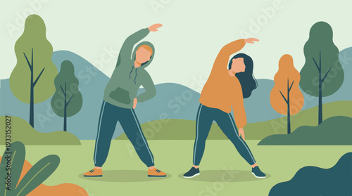 Flat illustration of two people stretching outdoors, promoting healthy lifestyle