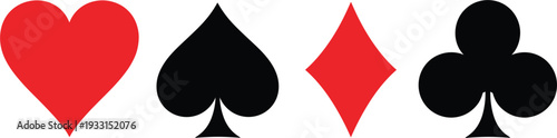 Playing card suits icons set with red heart and diamond black spade and club symbols isolated on white background for gambling poker and casino design.
