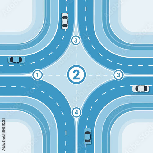Crossroads intersection with cars and traffic control points