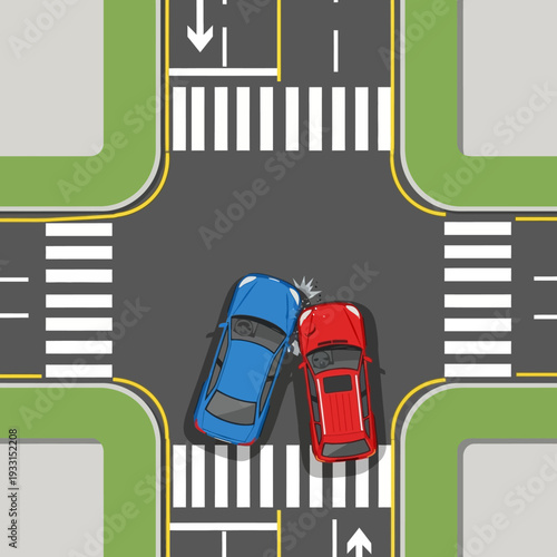 Car Crash at Intersection: Red and Blue Cars Collide on Pedestrian Crossing