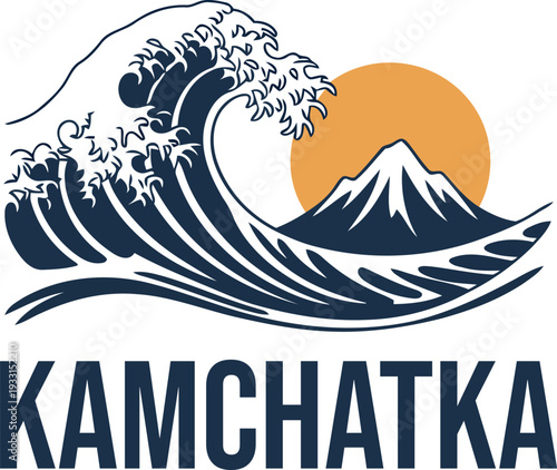 A dramatic illustration depicts a large wave cresting over mountains under a vibrant orange sun