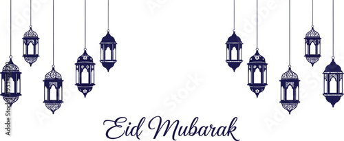 Ornate dark blue hanging lanterns define the top border above elegant script reading Eid Mubarak centered on a clear white background.