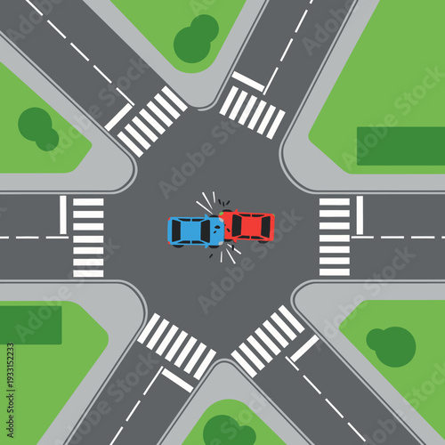 Car crash at intersection with pedestrian crossings, traffic accident, road safety concept