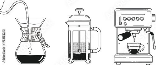 Coffee brewing methods illustrated with three different coffee makers and brews