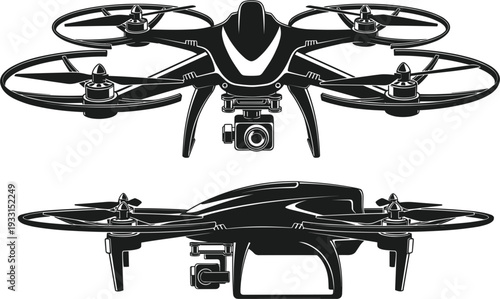 Professional surveillance drone silhouettes with integrated cameras and four rotors isolated on white background for aerial photography security monitoring and high tech exploration.