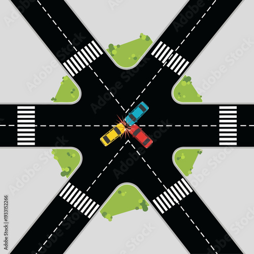 Car crash at intersection: three vehicles collide in accident, traffic, road safety